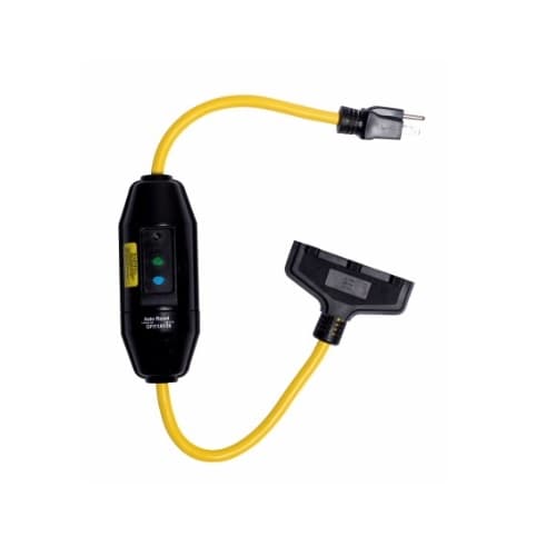 2-ft 15 Amp Portable GFCI Tri-Tap Cord, Automatic Reset, Watertight