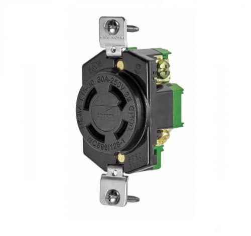 30 Amp Locking Receptacle, Industrial, NEMA L15-30, 250V, Black