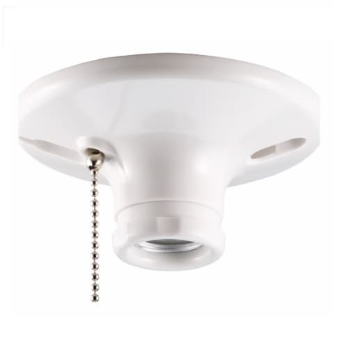 600W Ceiling Lamp Holder, Medium Base, Thermoset, Pull Chain, White