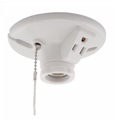 600W Ceiling Lamp Holder w/ Single Receptacle, Medium Base, Thermoset, Pull Chain, White