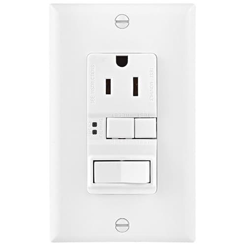 15 Amp Mid-Size GFCI Receptacle Outlet w/Feed-Through Single-Pole Switch, White