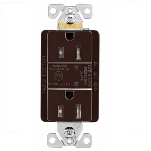 15A Duplex Receptacle w/ Surge Protection & LED Indicator, Brown