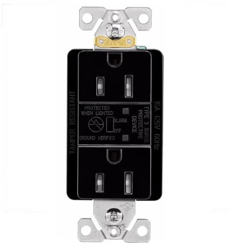 15 Amp Duplex Receptacle w/ Surge Protection Alarm & LED Indicator, 2-Pole, 125V, Black