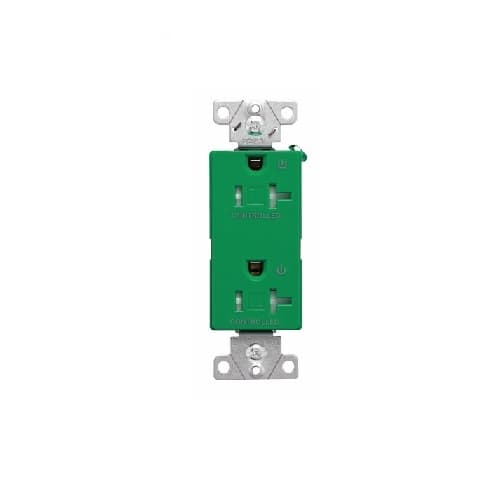 20 Amp Dual Controlled Decorator Receptacle, Tamper Resistant, Construction Grade, Green