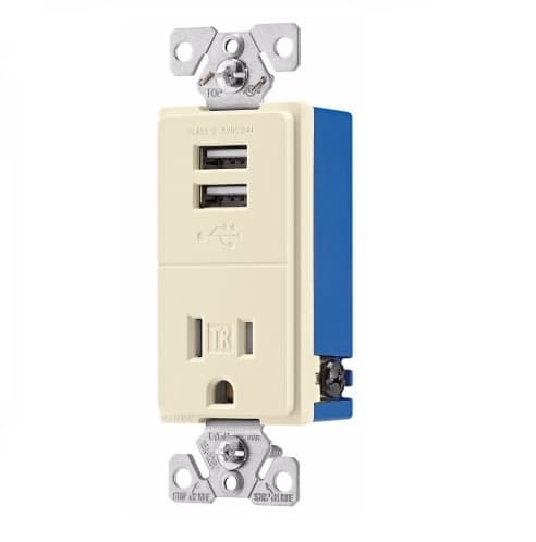 2.4 Amp USB Charger w/ Receptacle, Combo,Tamper Resistant, Almond