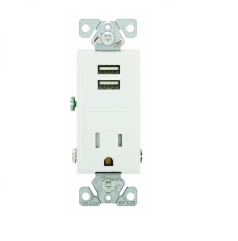 2.4 Amp USB Charger w/ Receptacle, Combo,Tamper Resistant, White
