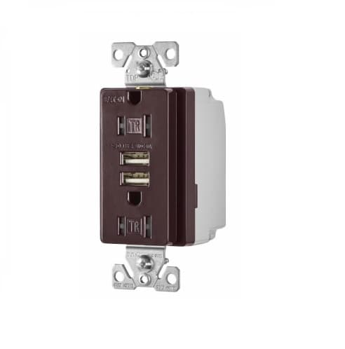 3.1 Amp USB Charger w/ Receptacle, Combo, Tamper Resistant, Brown