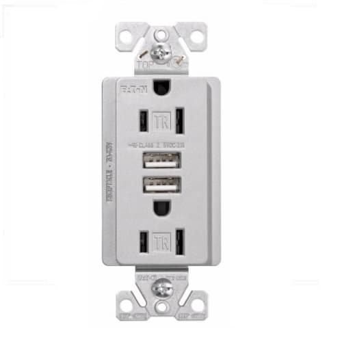 Eaton Wiring 15 Amp Dual USB Charger w/ Duplex Receptacle, Tamper Resistant, Silver Granite