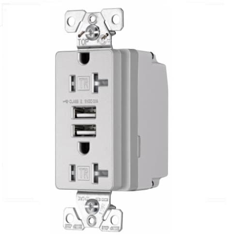 Eaton Wiring 20 Amp Dual USB Charger w/ Duplex Receptacle, Tamper Resistant, Silver Granite