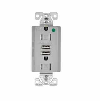 15 Amp USB Charger w/ Duplex Receptacle, Tamper Resistant, Gray