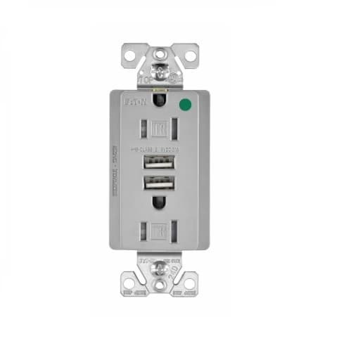 Eaton Wiring 15 Amp USB Charger w/ Duplex Receptacle, Tamper Resistant, Gray