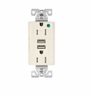 15 Amp USB Charger w/ Duplex Receptacle, Tamper Resistant, Light Almond