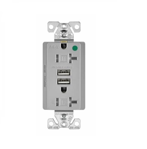 Eaton Wiring 3.1 Amp USB Charger w/ Duplex Receptacle, NEMA 5-20R, Gray