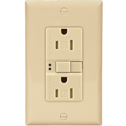 15 Amp Tamper Resistant Duplex GFCI Outlet w/ Mid-Size Wallplate, Ivory