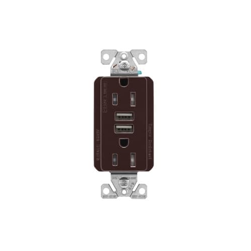 15 Amp Duplex Receptacle w/USB Charger, Tamper Resistant, Brown
