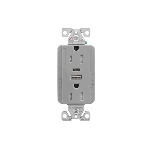 Eaton Wiring 15 Amp Duplex Receptacle w/USB Charger, Tamper Resistant, Gray