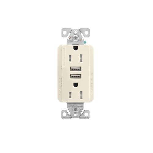 15 Amp Duplex Receptacle w/USB Charger, Tamper Resistant, Light Almond