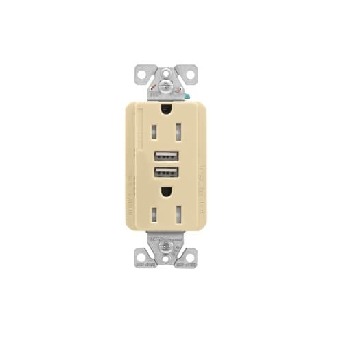 Eaton Wiring 15 Amp Duplex Receptacle w/USB Charger, Tamper Resistant, Ivory