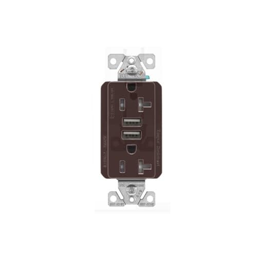 Eaton Wiring 20 Amp Duplex Receptacle w/USB Charger, Tamper Resistant, Brown
