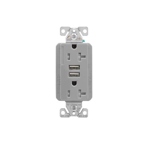 20 Amp Duplex Receptacle w/USB Charger, Tamper Resistant, Gray