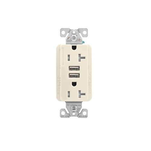 20 Amp Duplex Receptacle w/USB Charger, Tamper Resistant, Light Almond