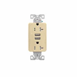 20 Amp Duplex Receptacle w/USB Charger, Tamper Resistant, Ivory