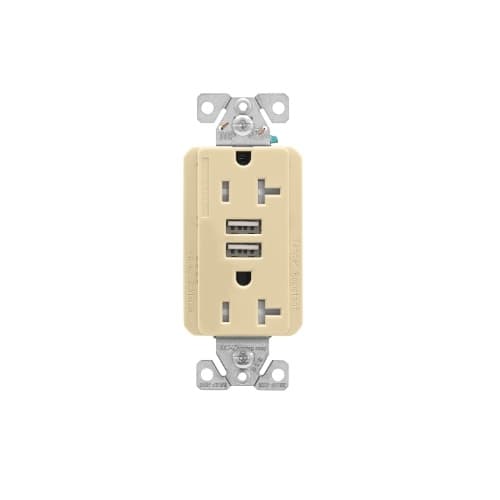 Eaton Wiring 20 Amp Duplex Receptacle w/USB Charger, Tamper Resistant, Ivory
