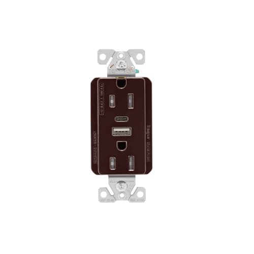 15 Amp Duplex Receptacle w/ USB AC Charger, Tamper Resistant, Brown
