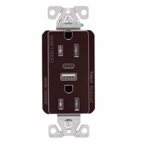 Eaton Wiring 15 Amp TR Duplex Receptacle, 5.0 Amp USB A & C, 5-15R, 125V, Brown