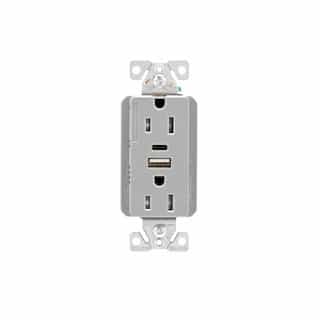 15 Amp Duplex Receptacle w/ USB AC Charger, Tamper Resistant, Gray
