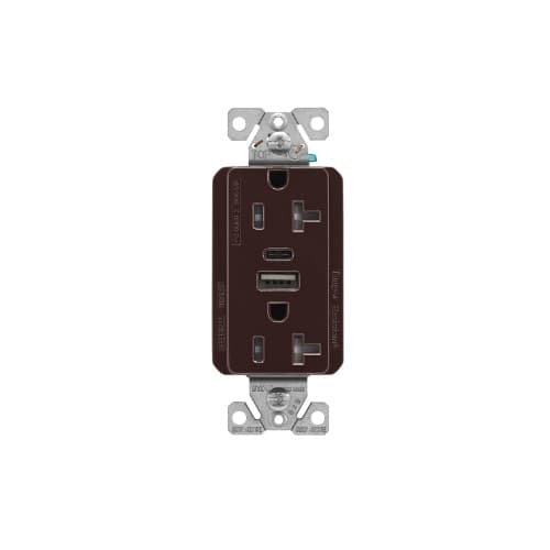 20 Amp Duplex Receptacle w/ USB AC Charger, Tamper Resistant, Brown