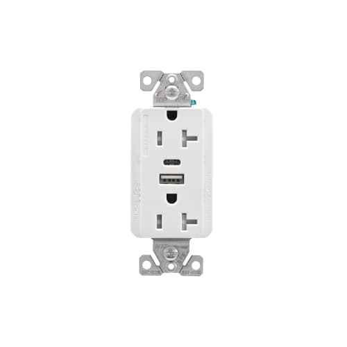 20 Amp Duplex Receptacle w/ USB AC Charger, Tamper Resistant, White