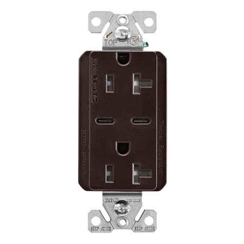 15 Amp Combo USB Type C Charger w/TR Duplex Receptacle, Brown