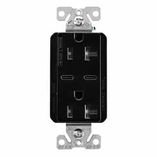 15 Amp Combo USB Type C Charger w/TR Duplex Receptacle, Black