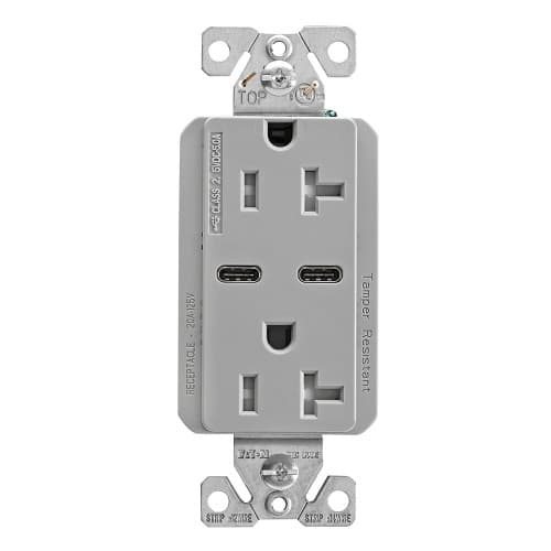 15 Amp Combo USB Type C Charger w/TR Duplex Receptacle, Gray