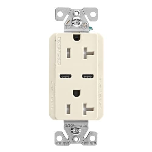 Eaton Wiring 15 Amp Combo USB Type C Charger w/TR Duplex Receptacle, Light Almond