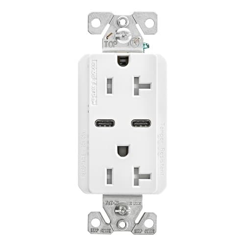 15 Amp Combo USB Type C Charger w/TR Duplex Receptacle, White