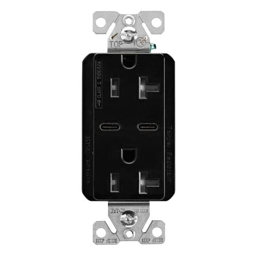 Eaton Wiring 20 Amp Combo USB Type C Charger w/TR Duplex Receptacle, Black