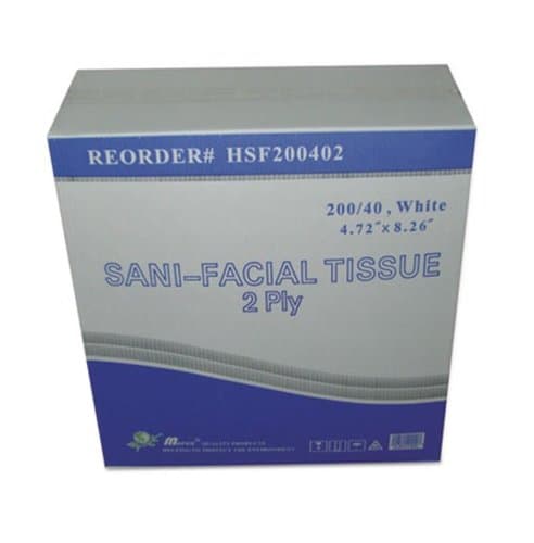 General Supply White, 200 Count Carton of  2-Ply Sani Facial Tissue- 40 Sheets per Box