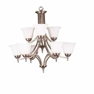 60W Dallas Chandelier, 9-Light, White Bell Shade, Brushed Nickel
