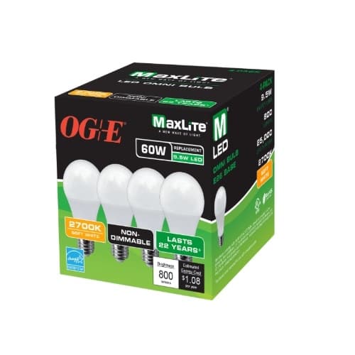 MaxLite 10W LED A19 Bulb, 4-Pack, 60W Inc. Retrofit, Omnidirectional, E26, 800 lm, 2700K