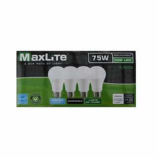 MaxLite 10W LED A19 Bulb, 75W Inc Retrofit, Dim, E26, 1100 lm, 2700K
