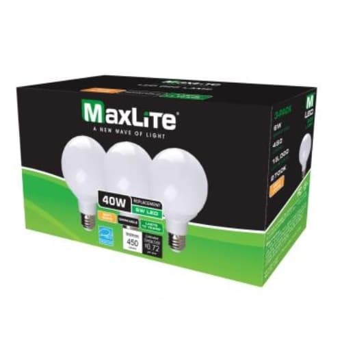 MaxLite 6W LED G25 Bulbs, 0-10V Dimmable, 40W Inc Retrofit, 450 lm, 2700K, 3 Pack