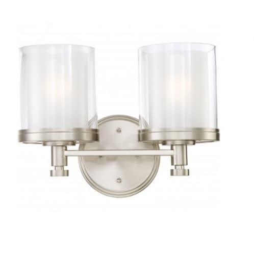 100W Decker Vanity Light, Clear & Frosted, 2-Light, Brushed Nickel
