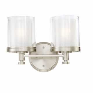 100W Decker Vanity Light, Clear & Frosted, 2-Light, Brushed Nickel