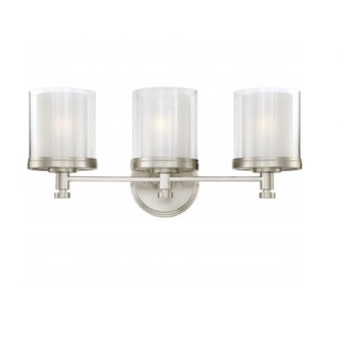100W Decker Vanity Light, Clear & Frosted, 3-Light, Brushed Nickel