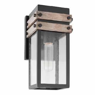 Nuvo 60W Outpost Wall Lantern, Small, 120V, Black/Wood/Clear Seeded Glass