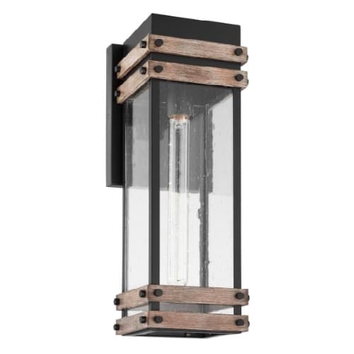 60W Outpost Wall Lantern, Large, 120V, Black/Wood/Clear Seeded Glass