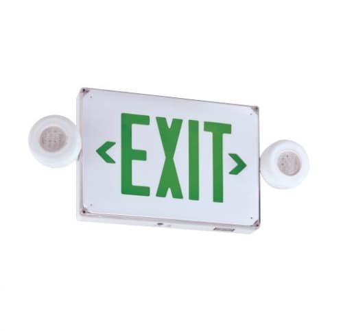 LED Emergency Exit & Light Combo w Green Letters, 120V-277V, White