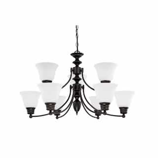 60W Empire Series Chandelier w/ Frosted White Glass, 9 Lights, Mahogany Bronze
